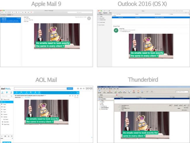 Captures d'écrans dans Apple Mail 9, Outlook 2016 (sur OS X), AOL Mail et Thunderbird.