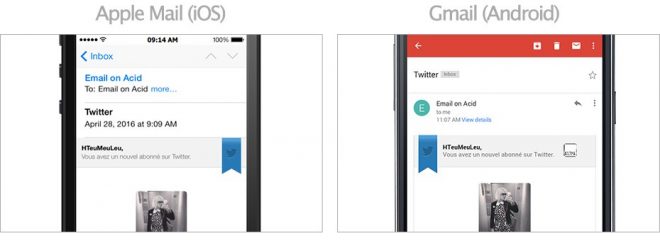 Captures d'écrans sur Apple Mail (iOS) et Gmail (Android)