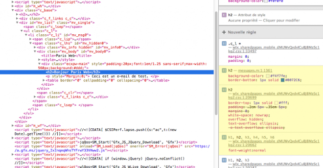 Capture d'écran de l'inspecteur web montrant les styles par défaut d'Outlook.com